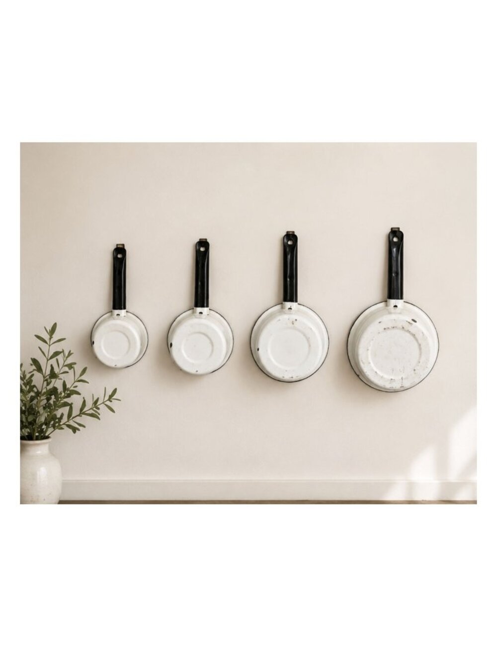 Vintage White Enamelware Saucepan Set of 4 | Black Trim Nesting Pots | Farmhouse